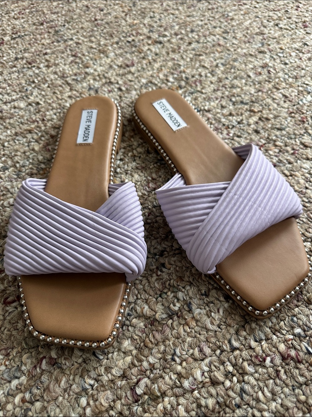 Steve Madden Light Lavender Ribbed Cross-Band Slide Sandals - Picture 2 of 6